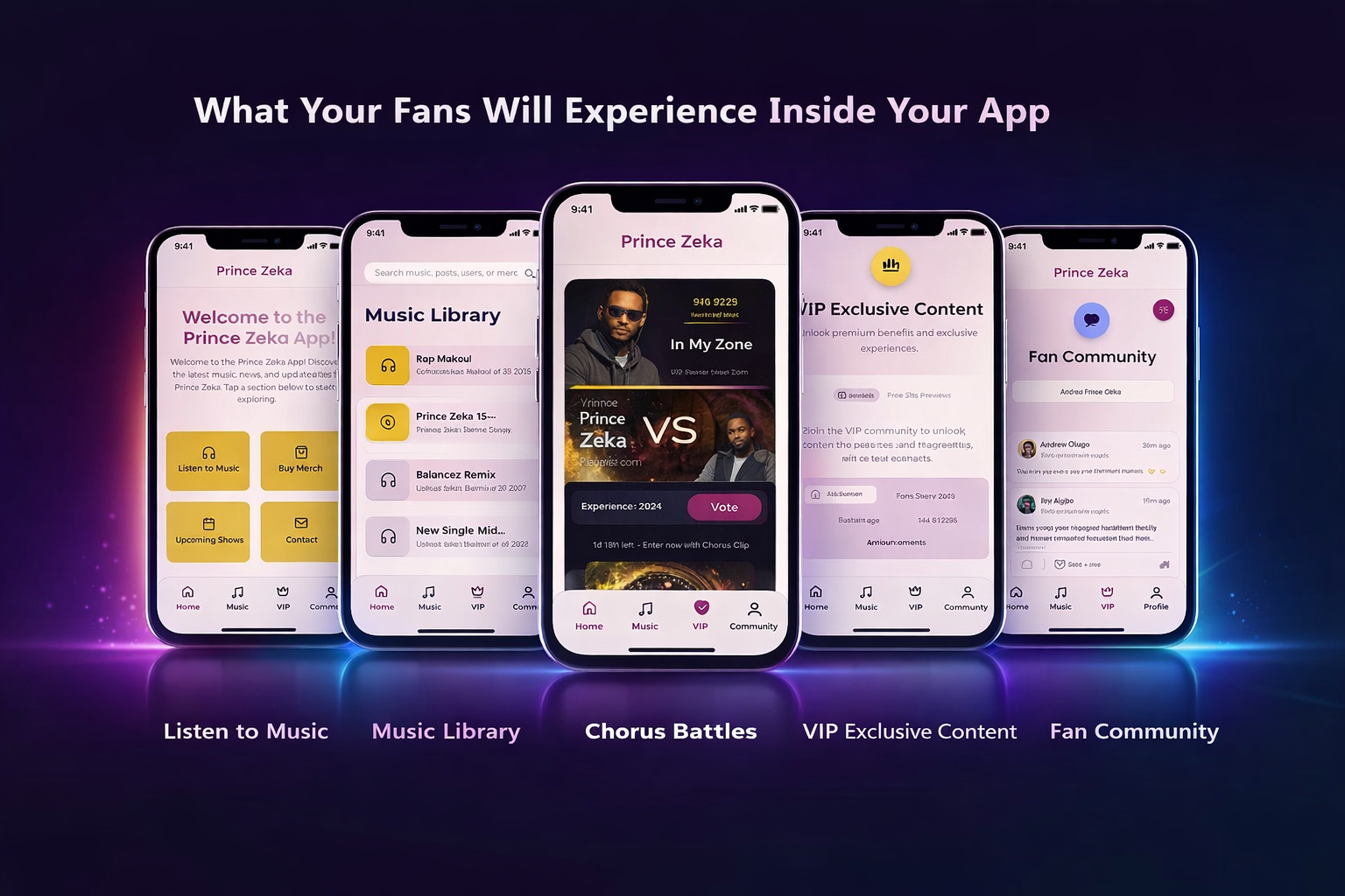 Preview of the Prince Zeka fan app showing home, music library, battles, VIP content and fan community screens.