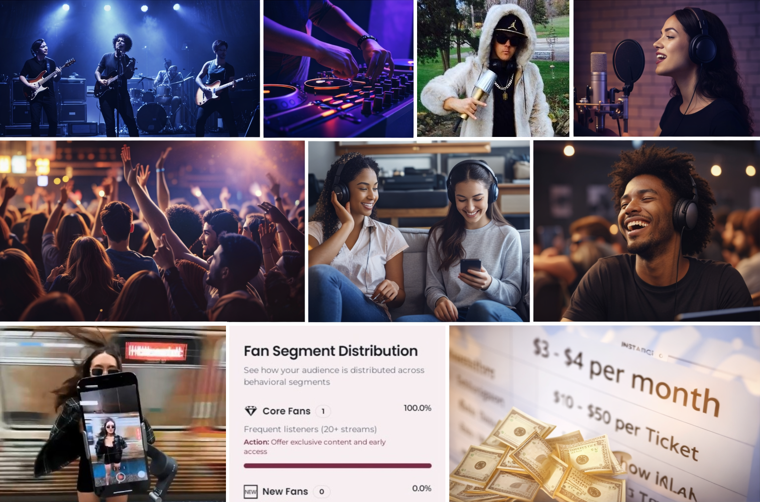 Live band, DJs, fans, app screens and revenue dashboard representing the ChorusWave journey.